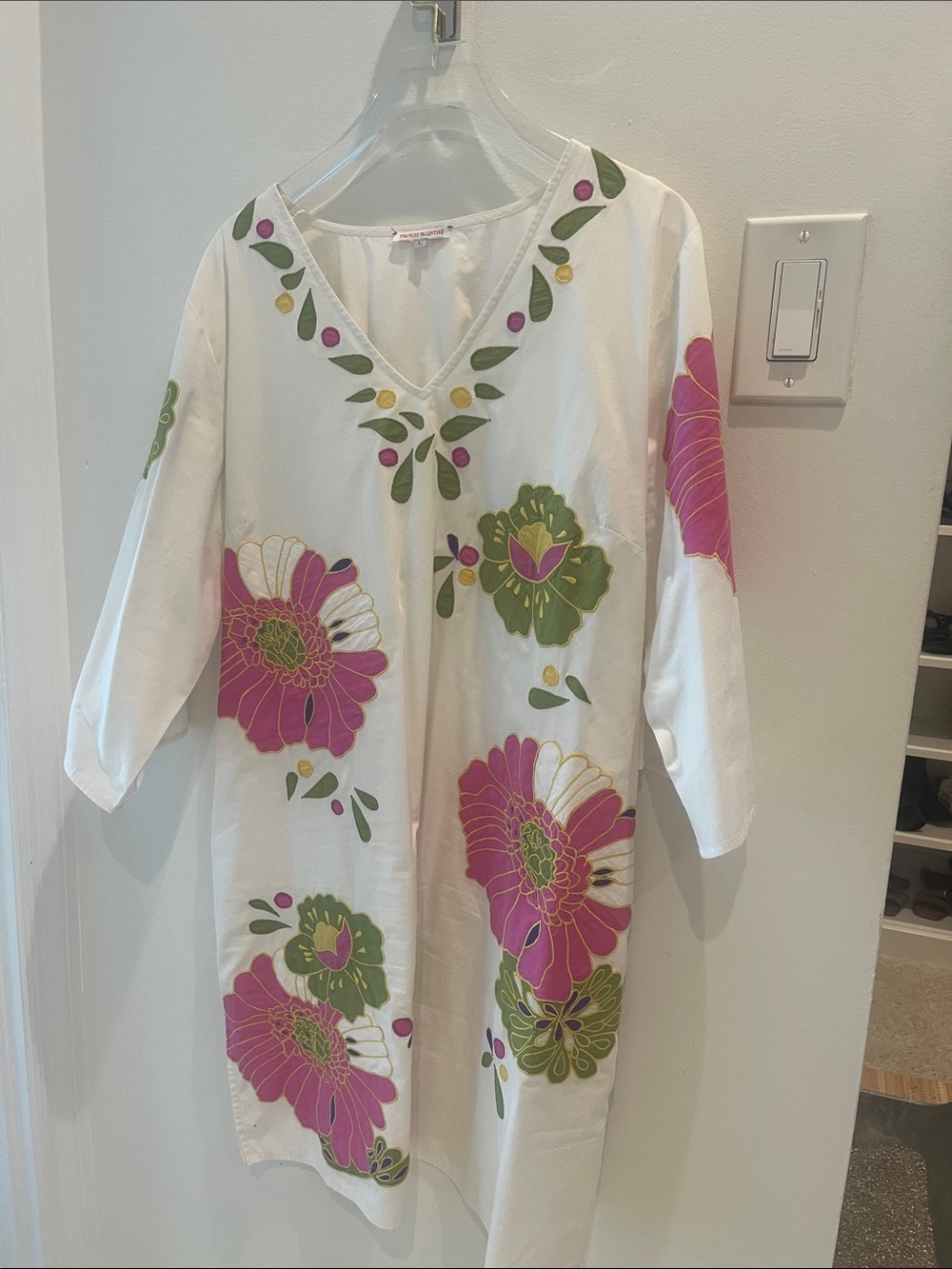 Frances Valentine White Long-Sleeve Floral Tunic with Pink and Green Motif